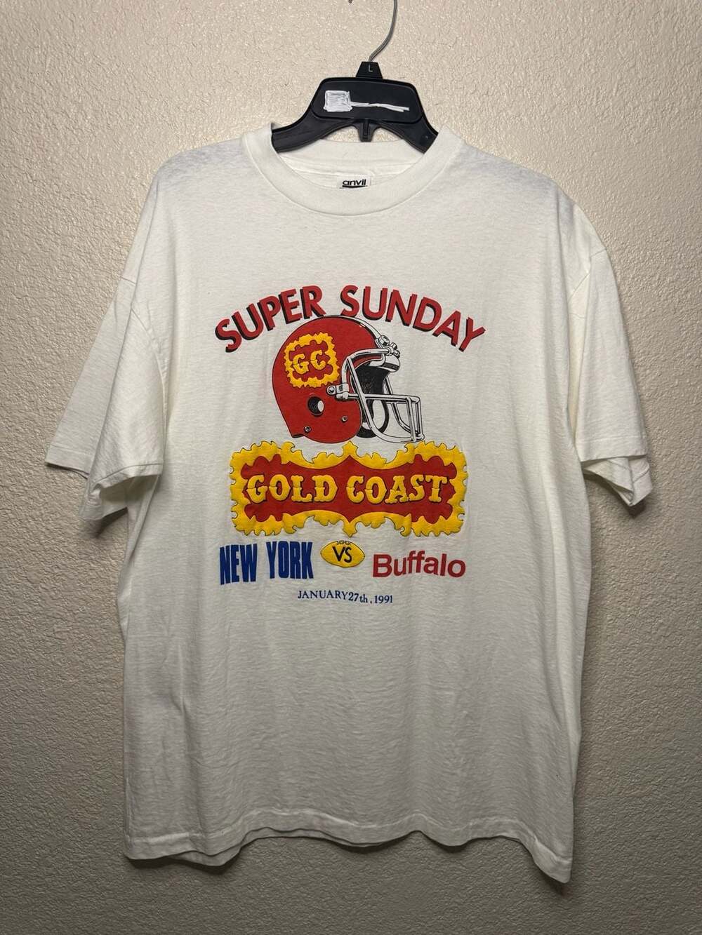 Vintage 1991 Super Sunday Gold Coast New York vs Buffalo T-Shirt. Size XL